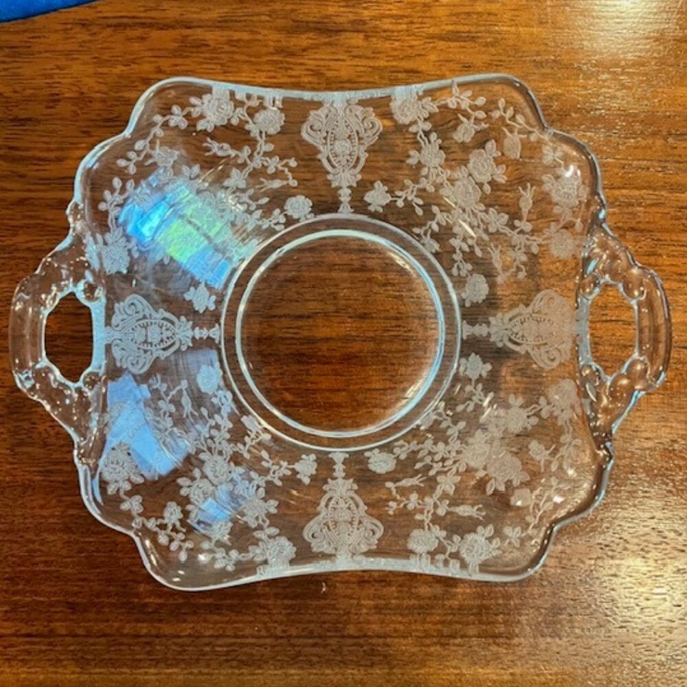 Vintage Cambridge Rose Point Etched Glass Two Handle Bon Bon Candy Dish Bowl